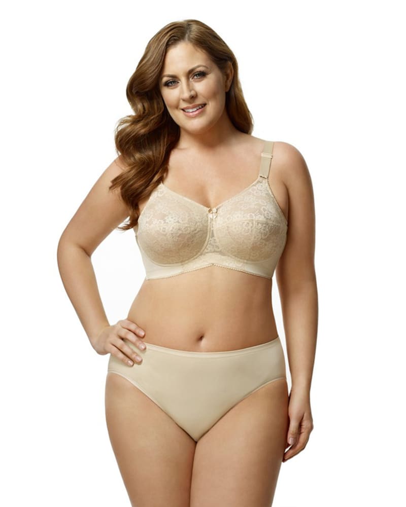 Front of a model wearing a size 38J Lace Softcup Bra in Beige by Elila. | dia_product_style_image_id:322251